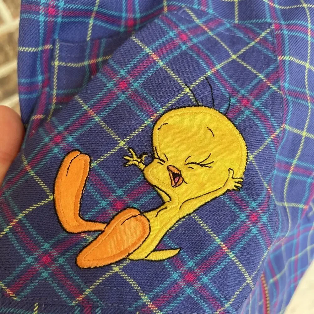 Vtg Looney Tunes Blue Plaid Zip Up Overall Dress Embroidered Tweety Girls 14/16